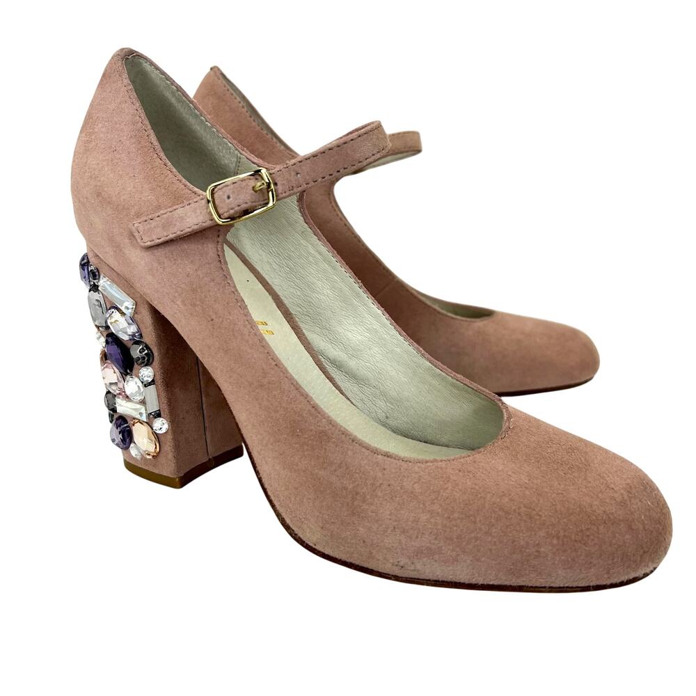 Bettye Muller Pink Suede Mary Jane Block Heel Pumps Multicolored Gems Jewels 6.5